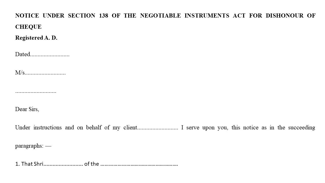  Format For Notice under section 138 of Negotiable Instruments Act for Dishonour of Cheque Image