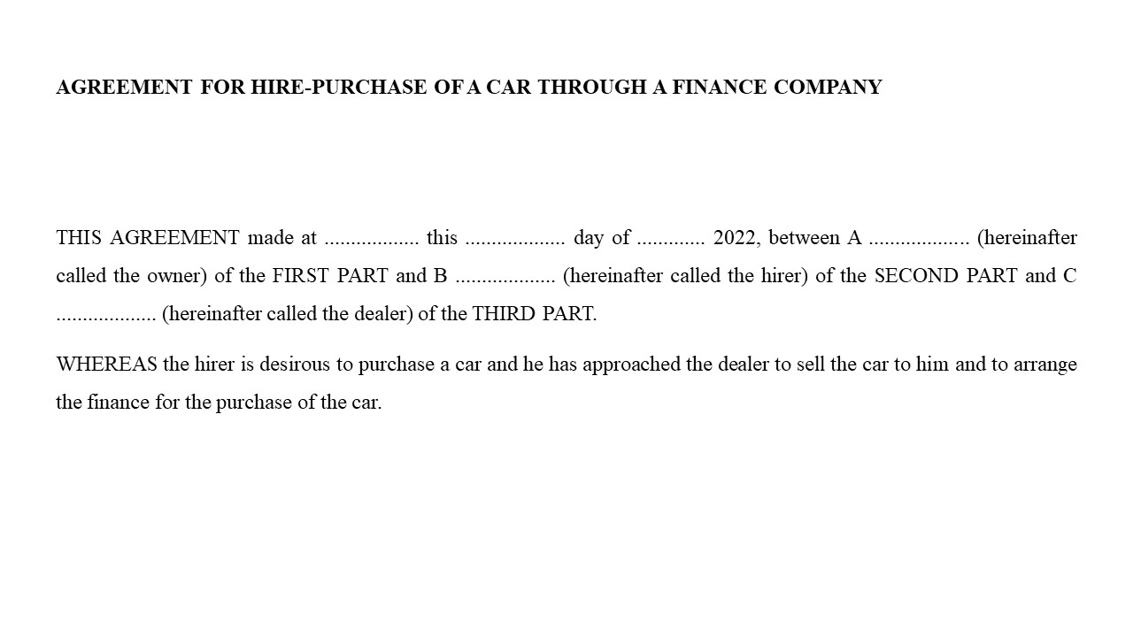 Format for Hire-Purchase Agreement of Car from Finance Company Image