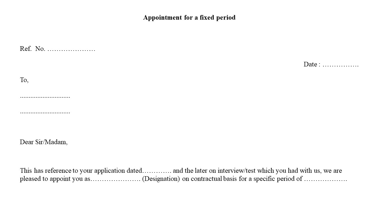 Format For Appointment Letter for a fixed period Image