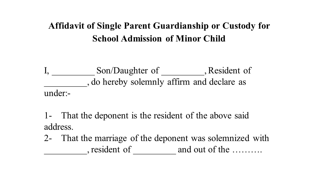Format For Affidavit format of Single Parent  School Admission of Minor Child Image