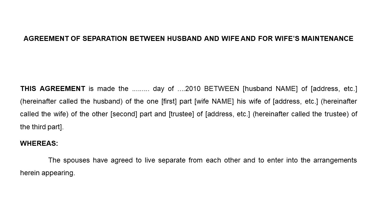 Format For  Agreement of Separation between Husband and Wife including wife's Maintenance Image
