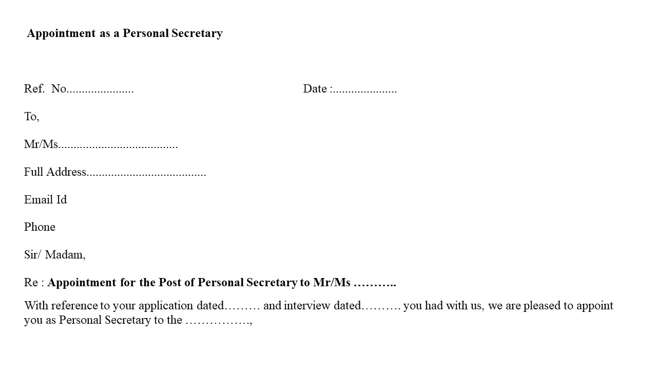 Format For Appointment as a Personal Secretary Image