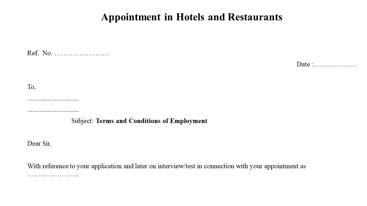 Format For Appointment Letter in Hotels and Restaurants Image
