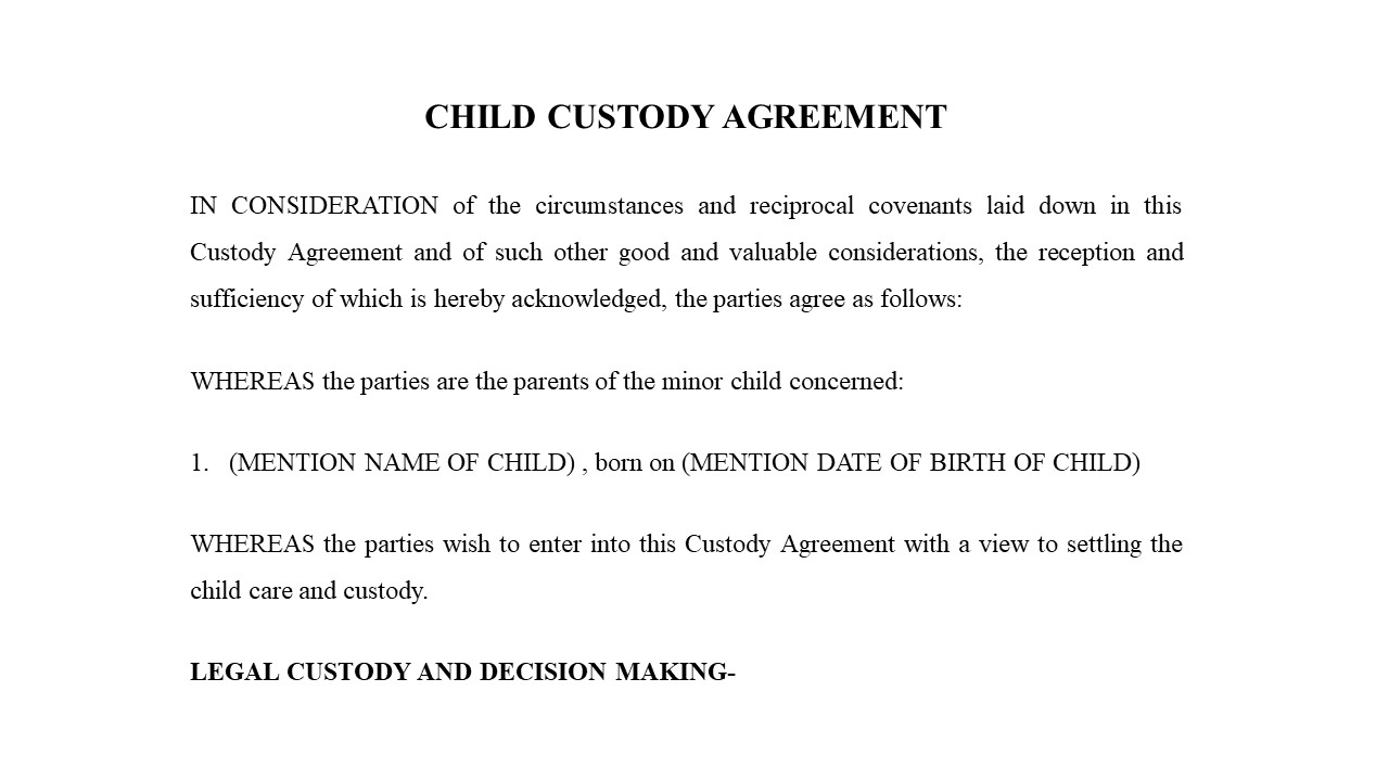 Format for Child Custody Agreement Image