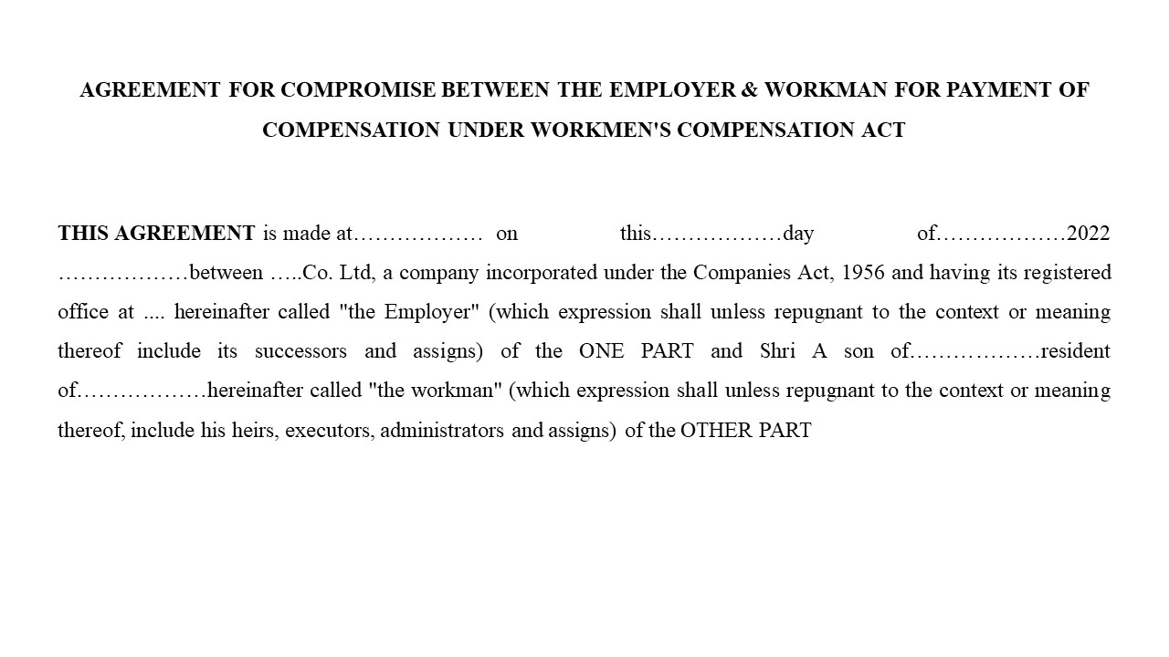 Compromise Agreement between the Employer & Workmen for Payment of Compensation Under Workmen's Compensation Act Image
