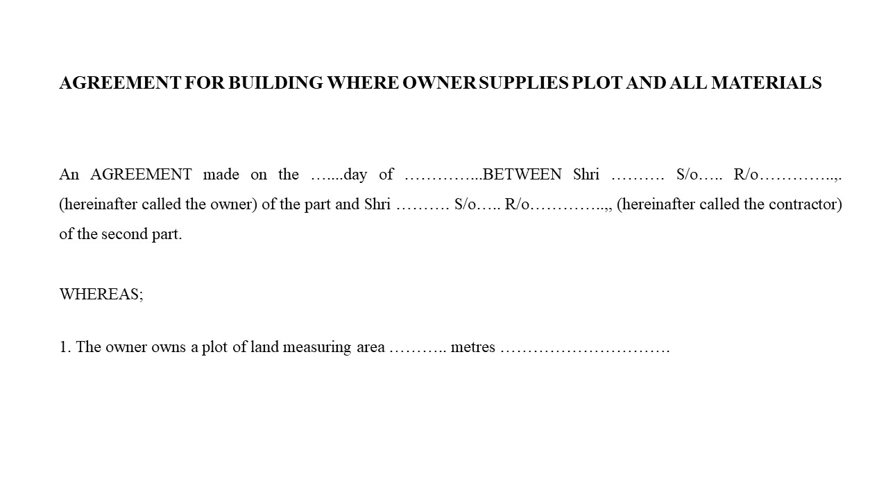  Format For Agreement between Builder & Owner supplies Plot and Materials Image