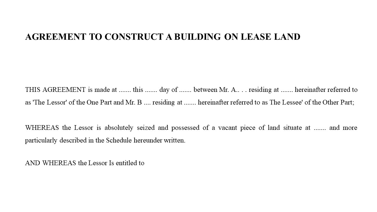  Format For Agreement to Construct a Building on a Lease Land Image