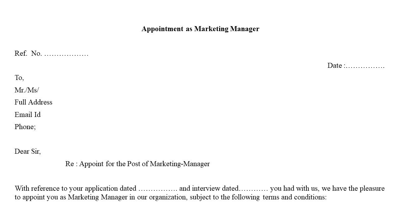 Format For Appointment  Letter as Marketing Manager Image