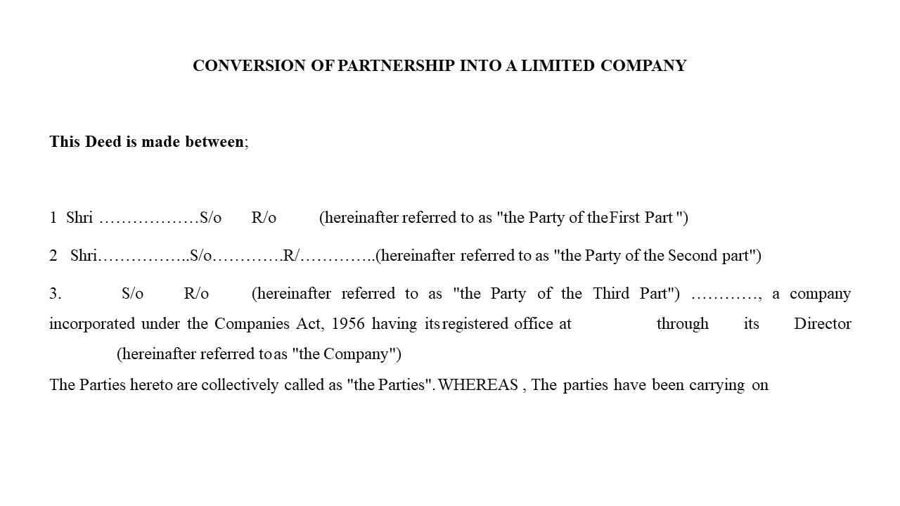 Format For Deed for Converting Partnership to a Private limited Company Image