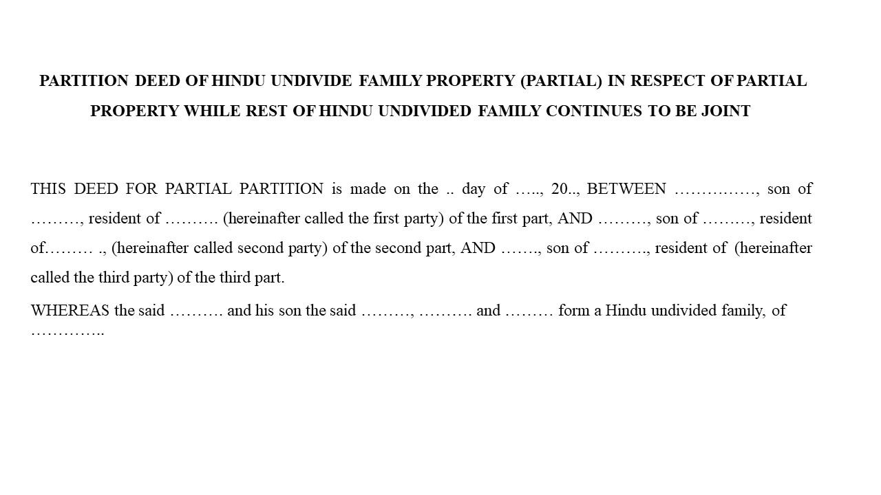 Format for Partial Partition Deed of Hindu Undivided Family Property Image
