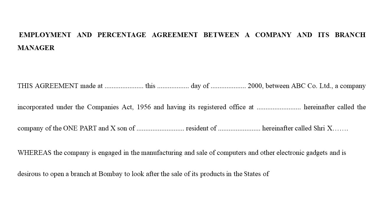  Format For Employer & Percentage Agreement Between a Company & Its Branch Manager Image