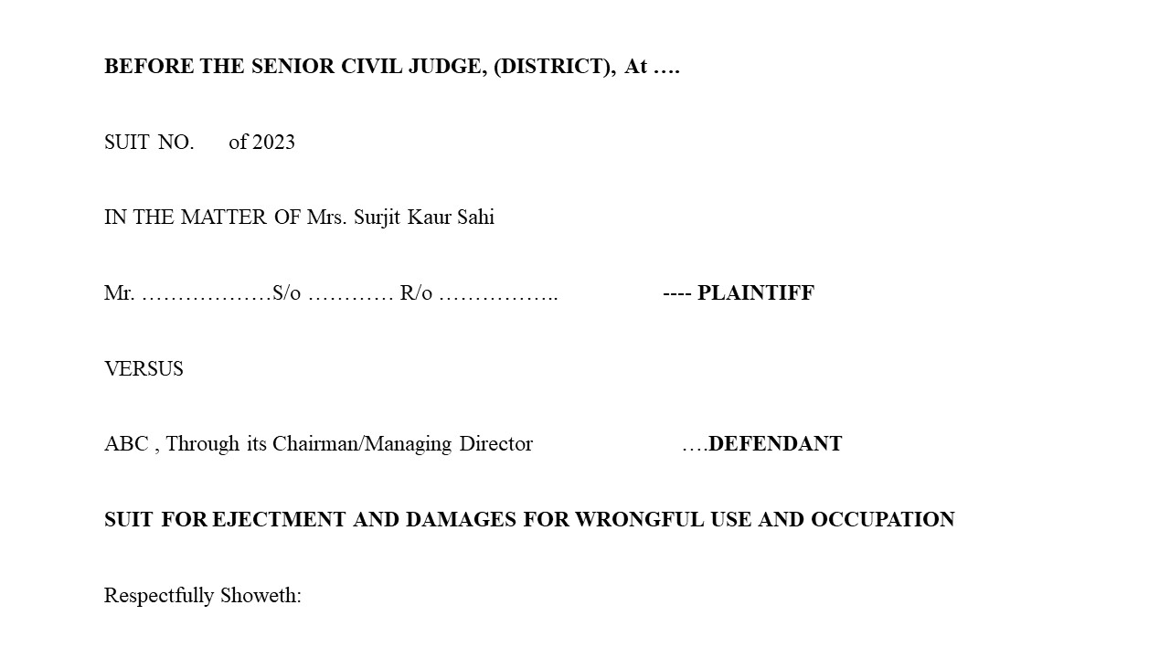 Format for Suit for Ejectment of Tenant on wrongful Possession with Damages Image