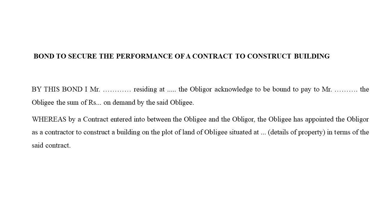 Format For Agreement Bond to Secure the Performance of a Contract to Construct Building Image