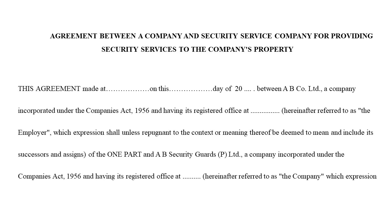 Format of Agreement Between a Company & Security Service Company for Providing  Services to the Company's Property Image
