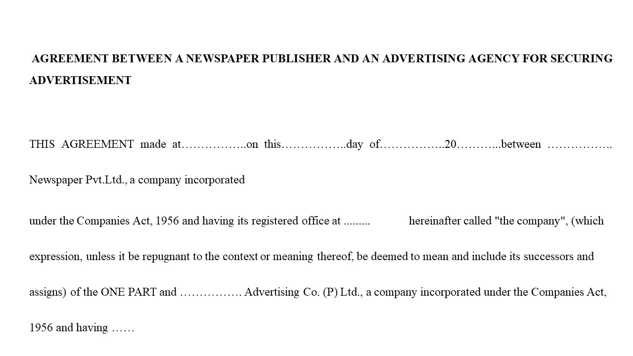 Format of Agreement between a Newspaper Publisher & an Advertising Agency for Securing Advertishment Image