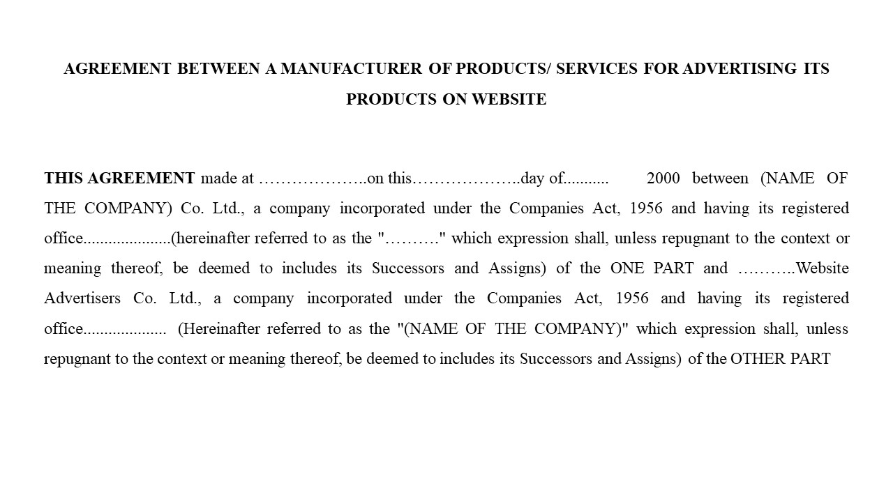 Format of Agreement between a Manufacturer of Product Services for Advertising its Products on Website Image