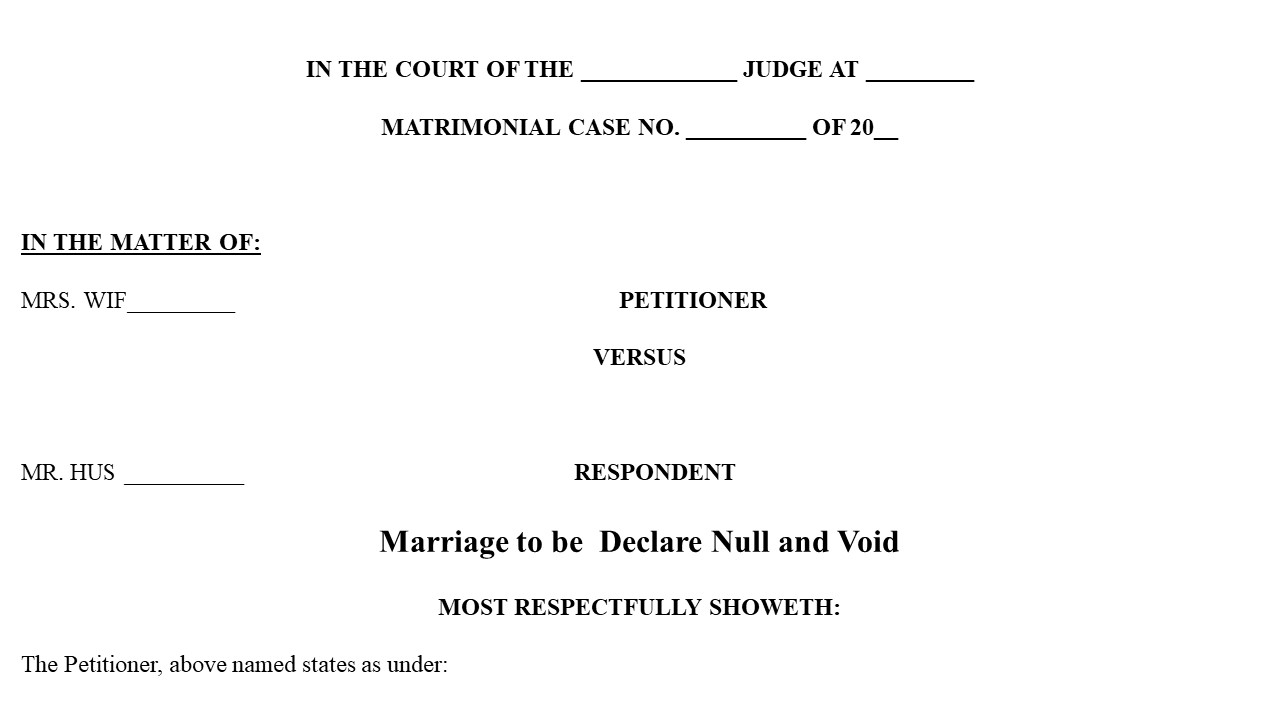 Format for Petition For Marriage to be Declare Null and Void Format Hindu Marriage Act 1955 Image