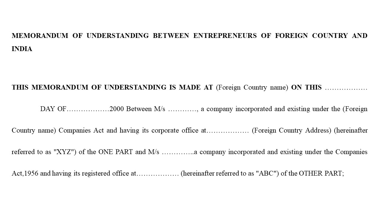 Format for Joint Venture - Memorandum of Understanding between Enterepreneurs of Foreign Country & India Image