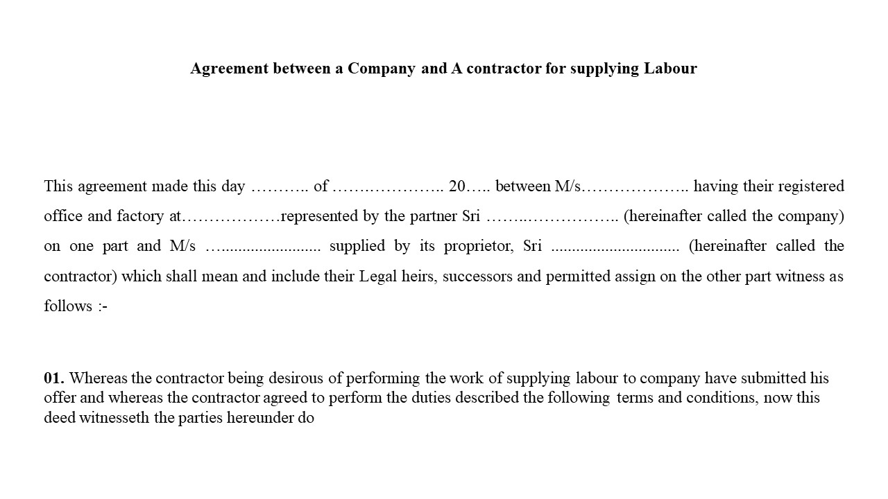 Agreement between a Company and a contractor for supplying Labour Image