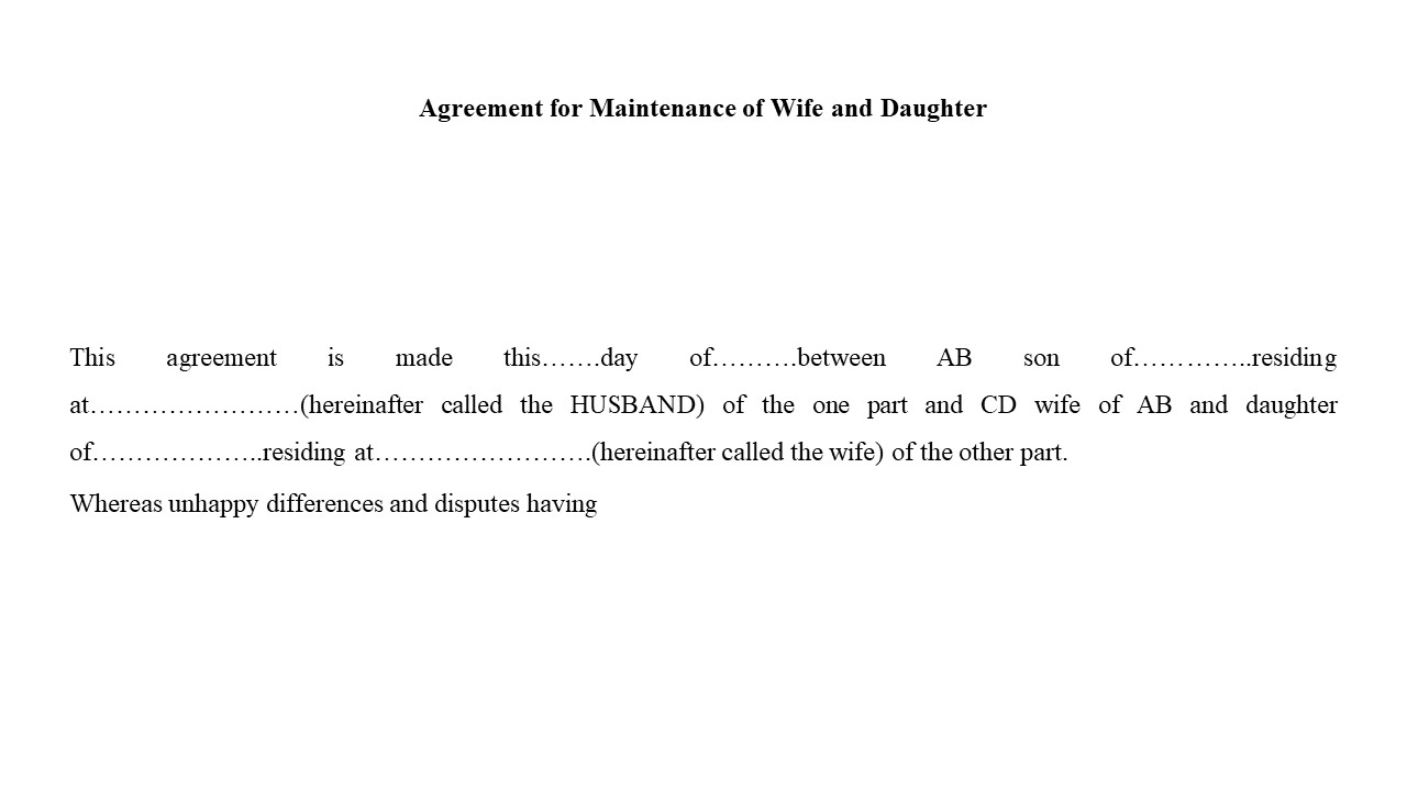 Format For Agreement for Maintenance of Wife and Daughter Image