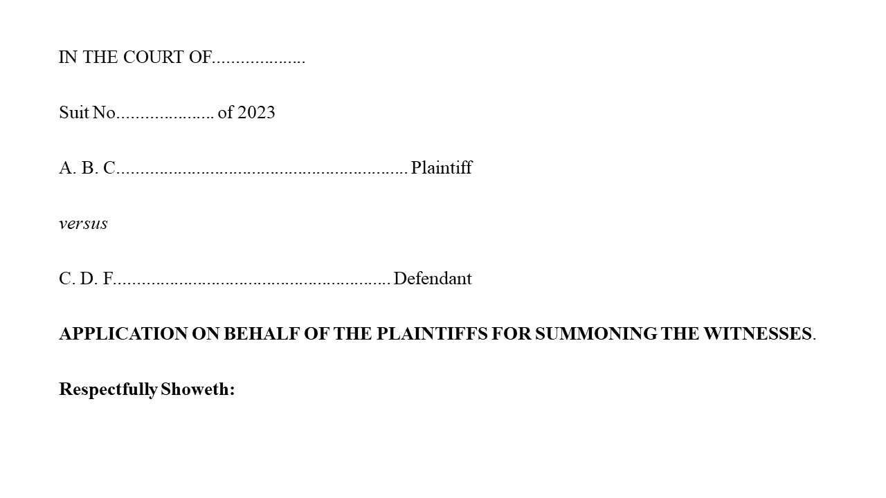 Format for  Application by Plaintiff for Summoning of Witnesses Image