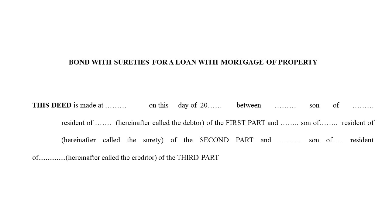 Format For Agreement Bond with Sureties for a Loan with Mortgage of Property  Image
