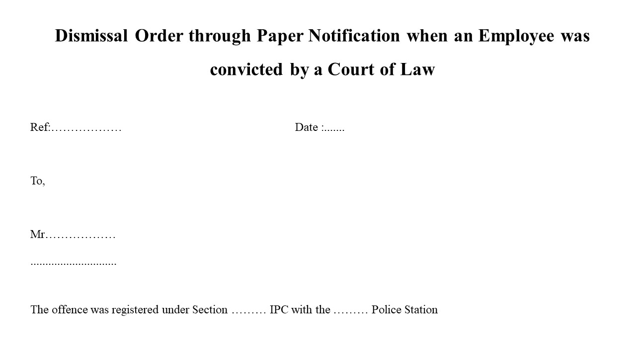 Format For Dismissal Order through Paper Notification when an Employee was convicted by a Court of Law Image