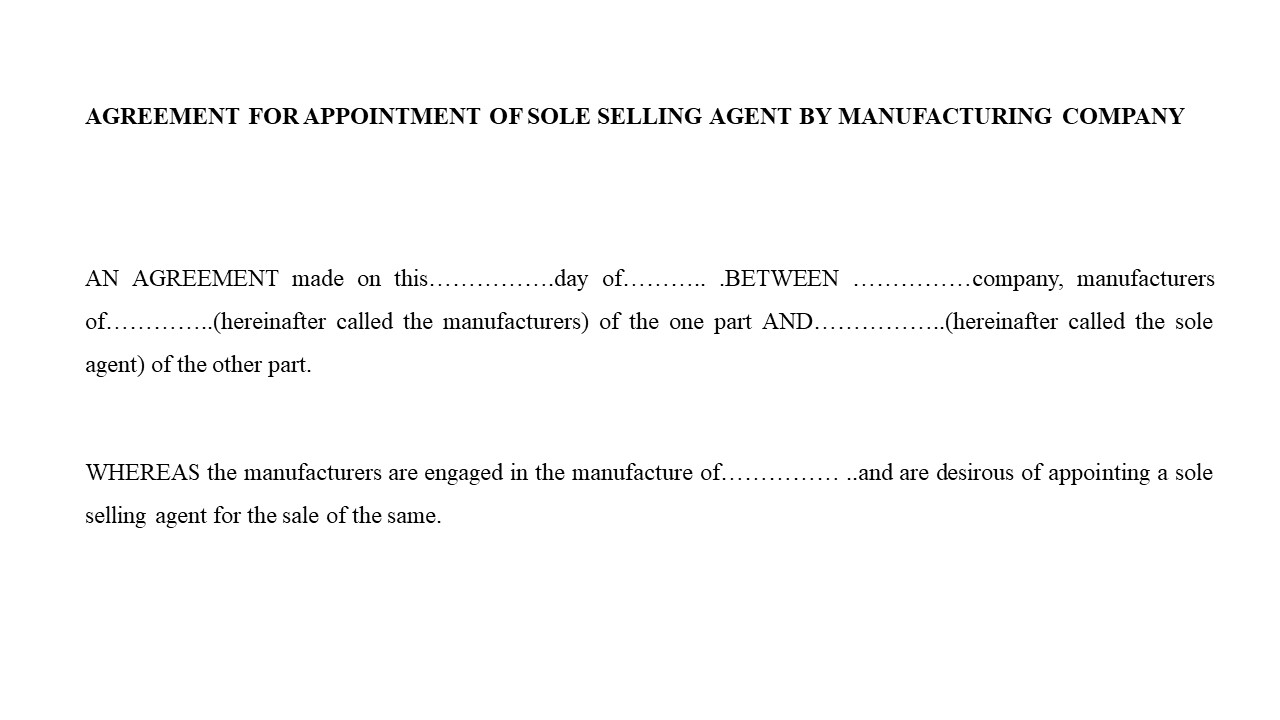 Agreement for Sole Selling Agent by Manufacturing Company Image