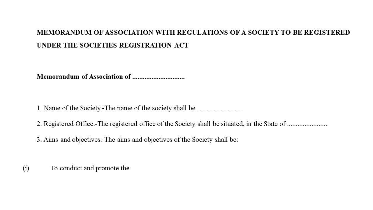 Format for Memorandum of Association with Regulations of a Sociaty to be Registered under the Societies Registration Act Image