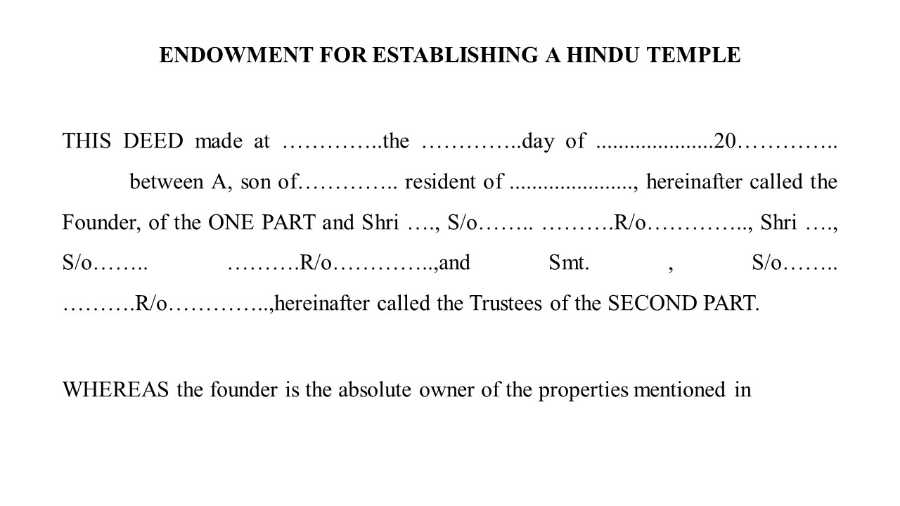 Format for Endowment Deed For Establishing a Hindu Temple  Image