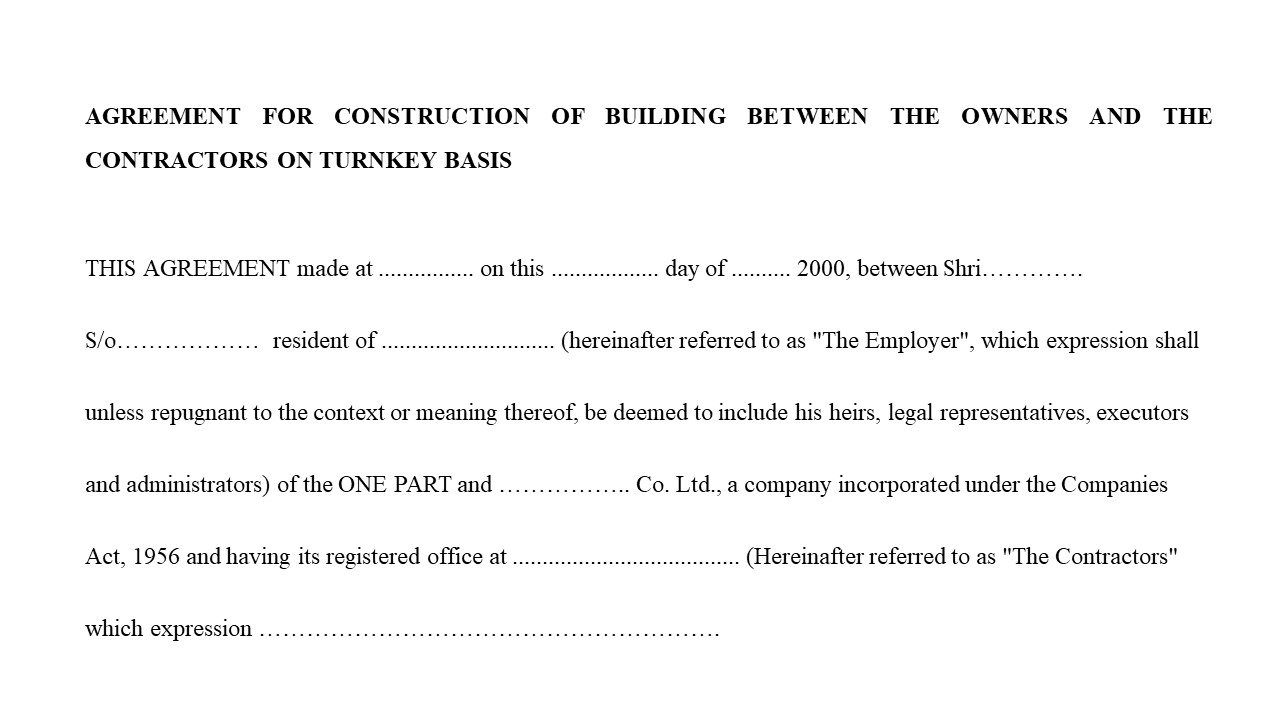 Format For Agreement for Construction of Building Between Owner & the Contractors on Turnkey Basis  Image