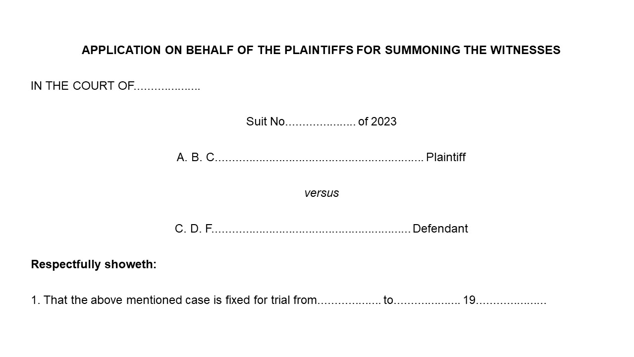 Format of An Application for Calling Witness in Civil Case Image