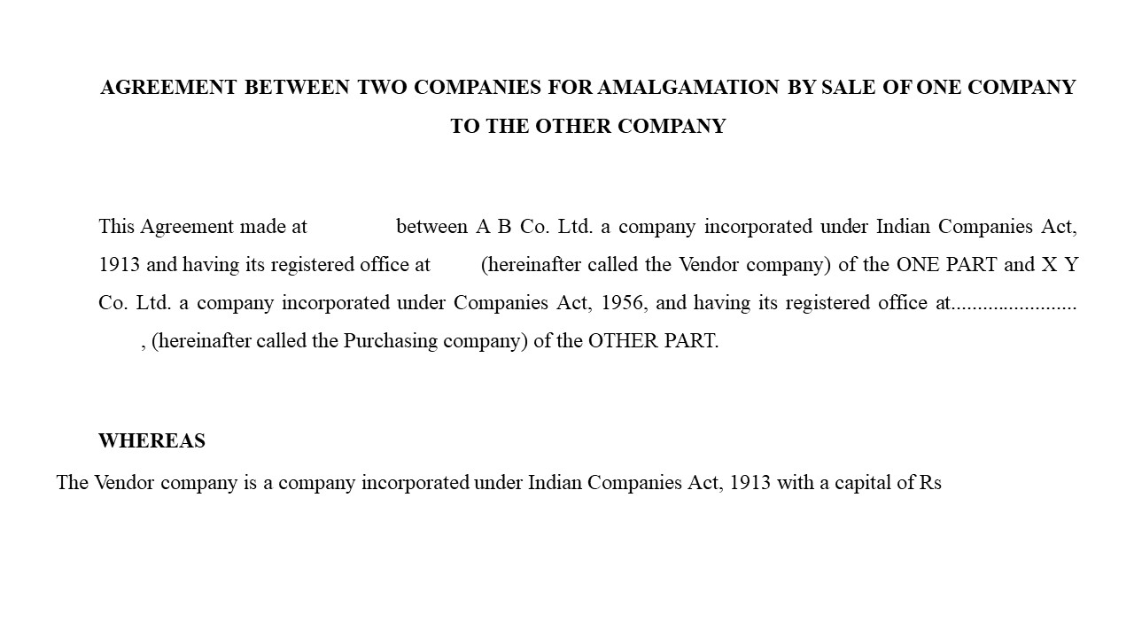 Format For Agreement between Two Companies for Amalgamation by Sale of One Company to Other Company Image