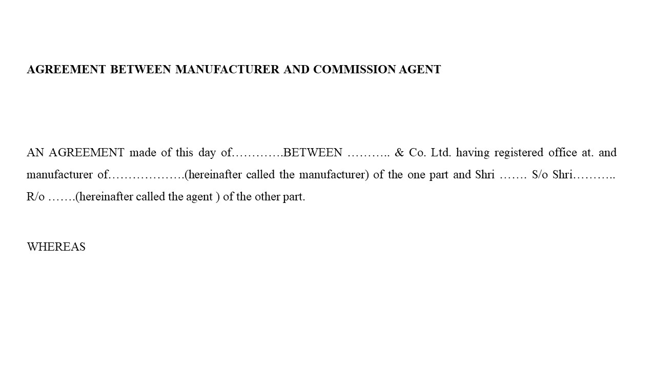  Format for Agreement  between a Manufacturer & Commission Agent  Image